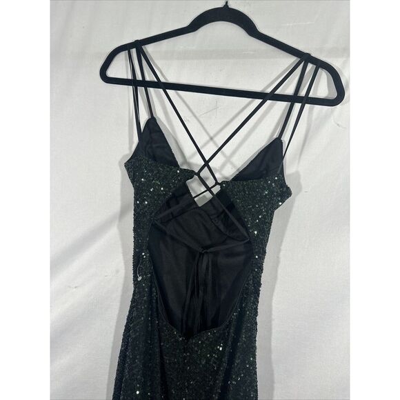 NEW $398 La Femme [ 4 ] V Neck Sequin Sleeveless‎ Gown Dark emerald Green - Picture 14 of 15